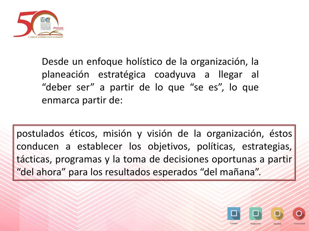 Desde un enfoque holístico de la organización, la planeación estratégica coadyuva a llegar al deber ser a partir de lo que se es , lo que enmarca partir de: