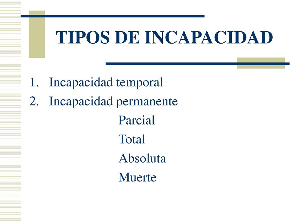 TIPOS DE INCAPACIDAD Incapacidad temporal Incapacidad permanente