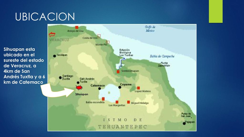 UBICACION Sihuapan esta ubicado en el sureste del estado de Veracruz, a 4km de San Andrés Tuxtla y a 6 km de Catemaco.