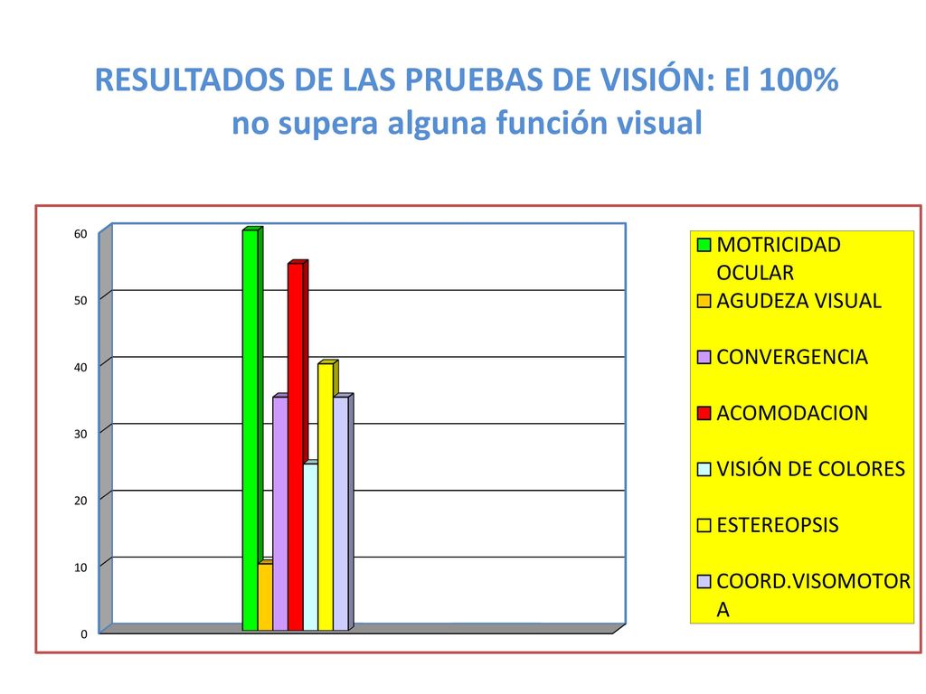 RESULTADOS DE LAS PRUEBAS DE VISIÓN: El 100% no supera alguna función visual