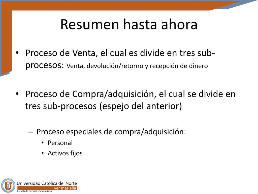 Resumen hasta ahora Proceso de Venta, el cual es divide en tres sub-procesos: Venta, devolución/retorno y recepción de dinero.