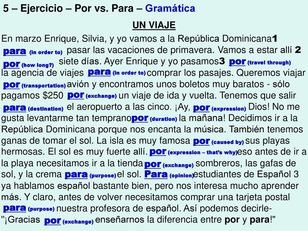 5 – Ejercicio – Por vs. Para – Gramática