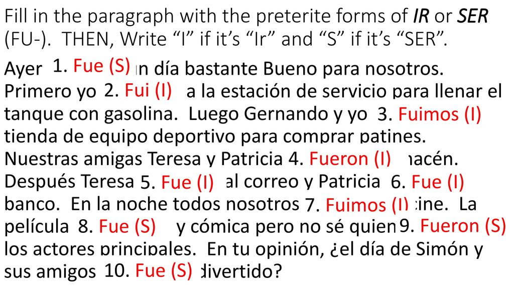 Fill in the paragraph with the preterite forms of IR or SER (FU-)