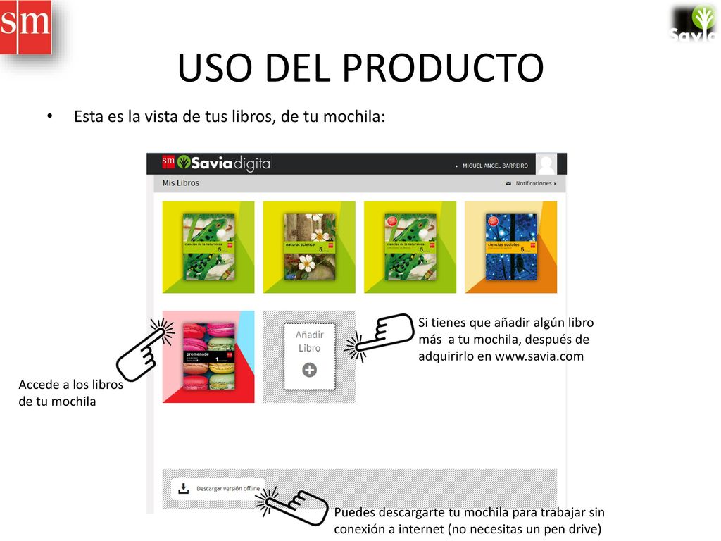 USO DEL PRODUCTO Esta es la vista de tus libros, de tu mochila:
