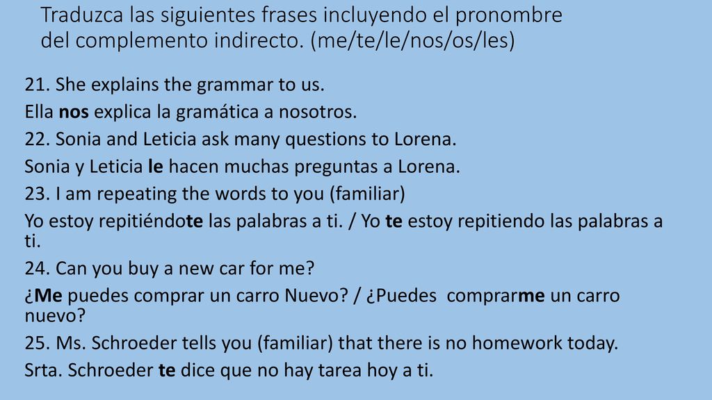 Traduzca las siguientes frases incluyendo el pronombre del complemento indirecto. (me/te/le/nos/os/les)
