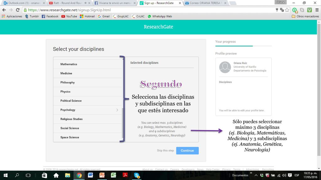 Segundo Selecciona las disciplinas y subdisciplinas en las que estés interesado.