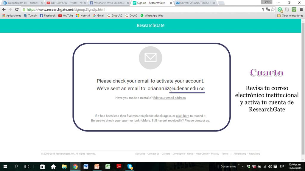 Cuarto Revisa tu correo electrónico institucional y activa tu cuenta de ResearchGate
