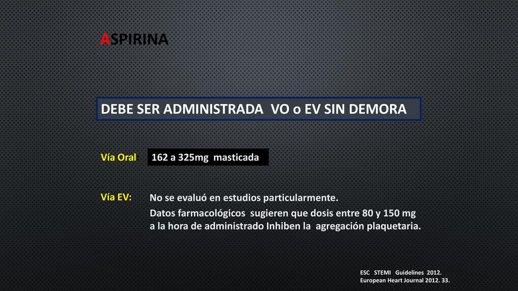 ASPIRINA DEBE SER ADMINISTRADA VO o EV SIN DEMORA Vía Oral: