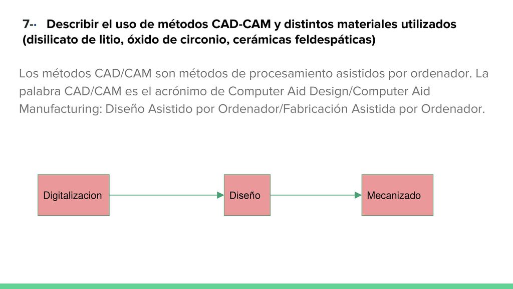 7-· Describir el uso de métodos CAD-CAM y distintos materiales utilizados (disilicato de litio, óxido de circonio, cerámicas feldespáticas)