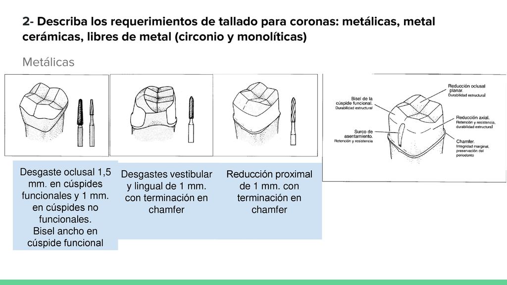 2- Describa los requerimientos de tallado para coronas: metálicas, metal cerámicas, libres de metal (circonio y monolíticas)