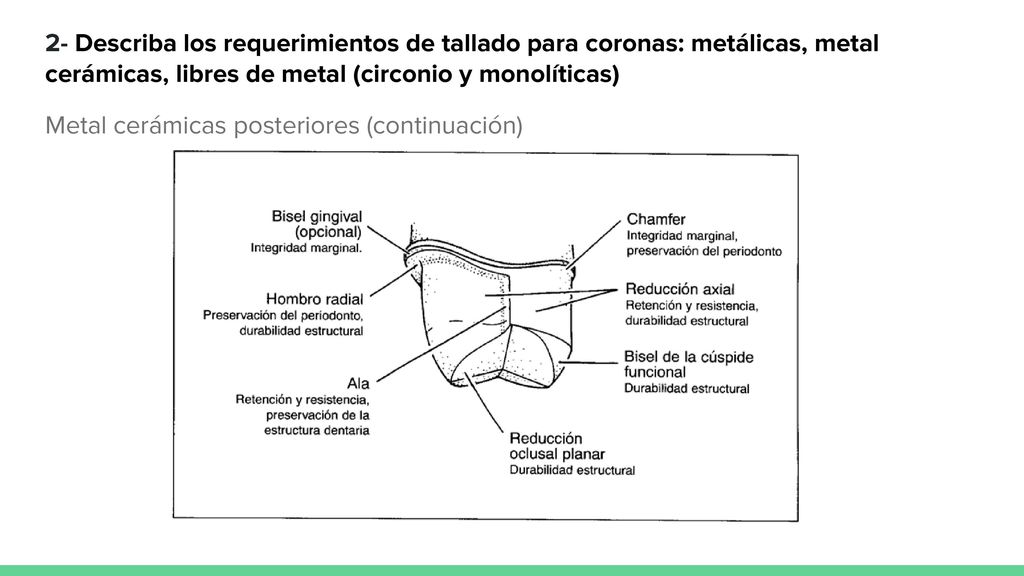 2- Describa los requerimientos de tallado para coronas: metálicas, metal cerámicas, libres de metal (circonio y monolíticas)