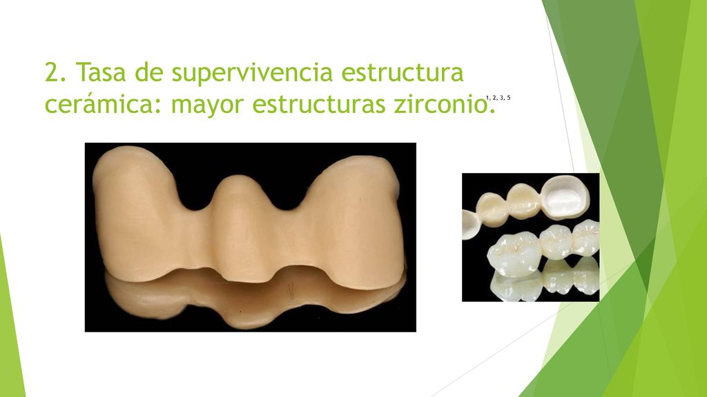 2. Tasa de supervivencia estructura cerámica: mayor estructuras zirconio.