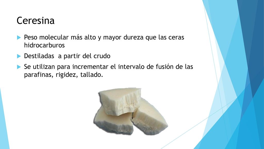 Ceresina Peso molecular más alto y mayor dureza que las ceras hidrocarburos. Destiladas a partir del crudo.