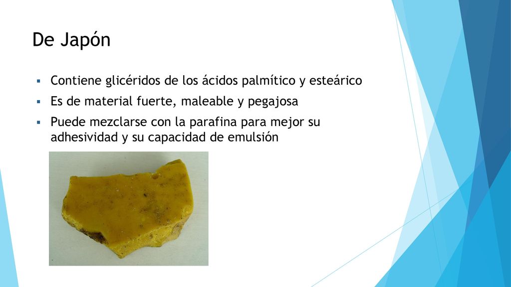 De Japón Contiene glicéridos de los ácidos palmítico y esteárico