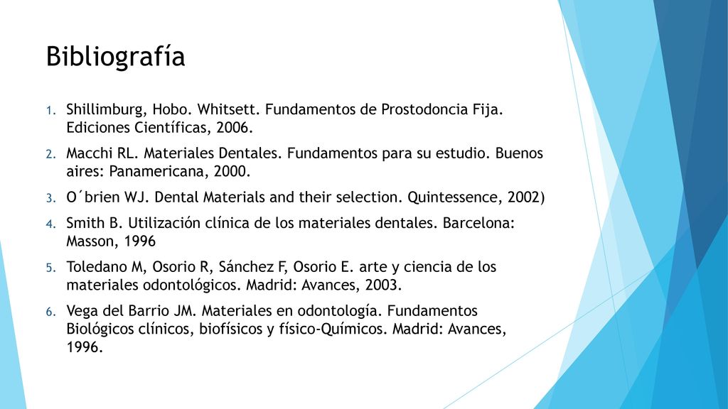 Bibliografía Shillimburg, Hobo. Whitsett. Fundamentos de Prostodoncia Fija. Ediciones Científicas,