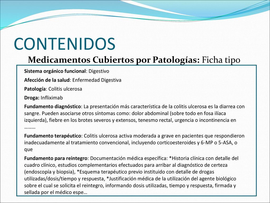 CONTENIDOS Medicamentos Cubiertos por Patologías: Ficha tipo