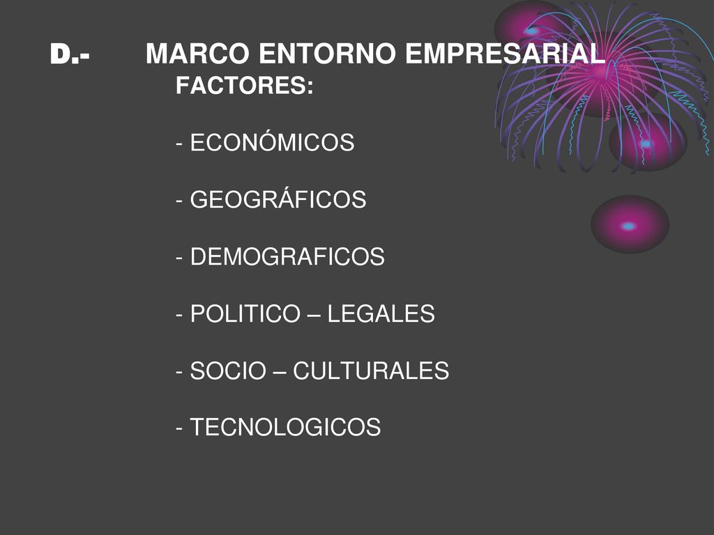 D.- MARCO ENTORNO EMPRESARIAL FACTORES: - ECONÓMICOS - GEOGRÁFICOS - DEMOGRAFICOS - POLITICO – LEGALES - SOCIO – CULTURALES - TECNOLOGICOS