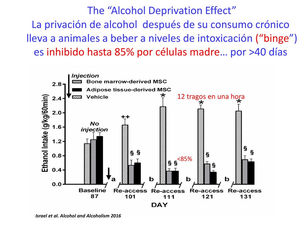 The Alcohol Deprivation Effect La privación de alcohol después de su consumo crónico lleva a animales a beber a niveles de intoxicación ( binge ) es inhibido hasta 85% por células madre… por >40 días