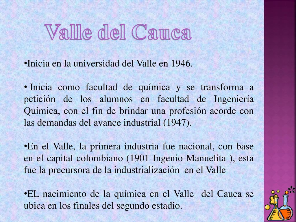 Valle del Cauca Inicia en la universidad del Valle en 1946.