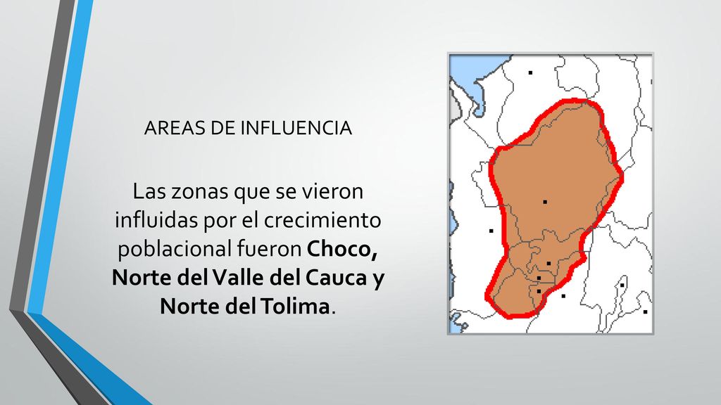 AREAS DE INFLUENCIA Las zonas que se vieron influidas por el crecimiento poblacional fueron Choco, Norte del Valle del Cauca y Norte del Tolima.