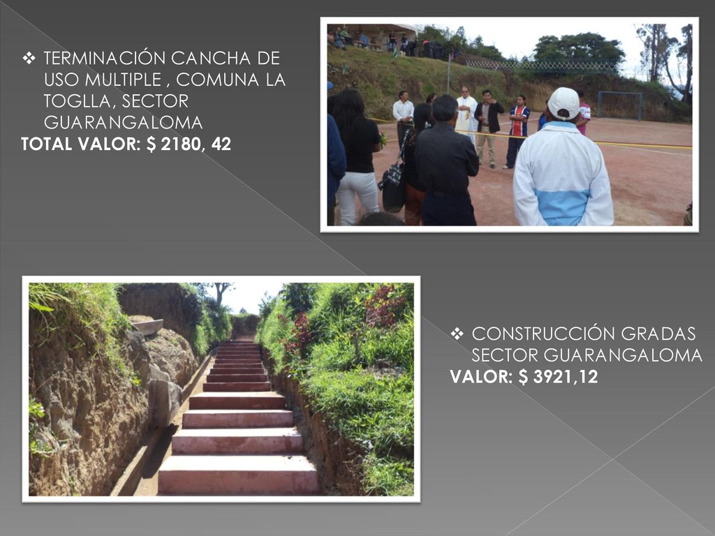 TERMINACIÓN CANCHA DE USO MULTIPLE , COMUNA LA TOGLLA, SECTOR GUARANGALOMA