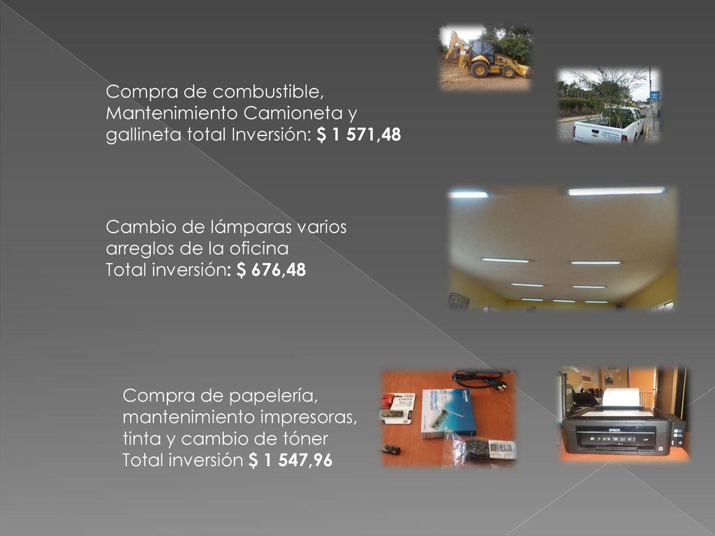 Compra de combustible, Mantenimiento Camioneta y gallineta total Inversión: $ 1 571,48