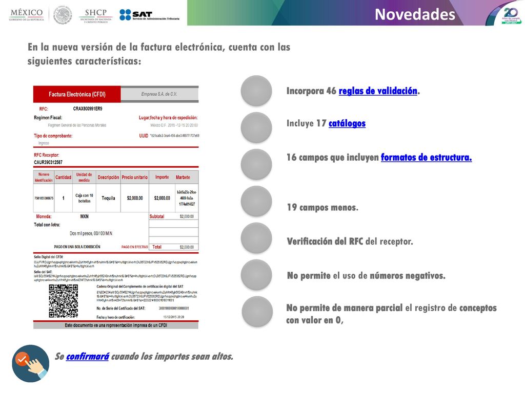 Novedades En la nueva versión de la factura electrónica, cuenta con las siguientes características:
