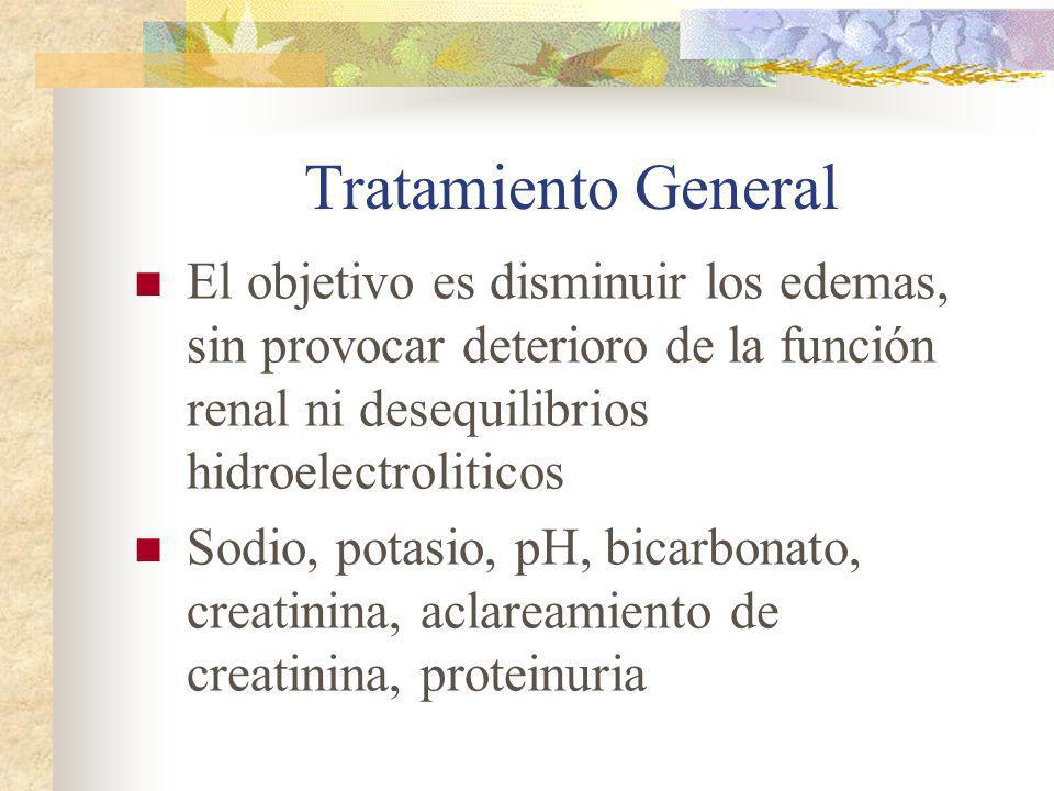 Tratamiento General El objetivo es disminuir los edemas, sin provocar deterioro de la función renal ni desequilibrios hidroelectroliticos.