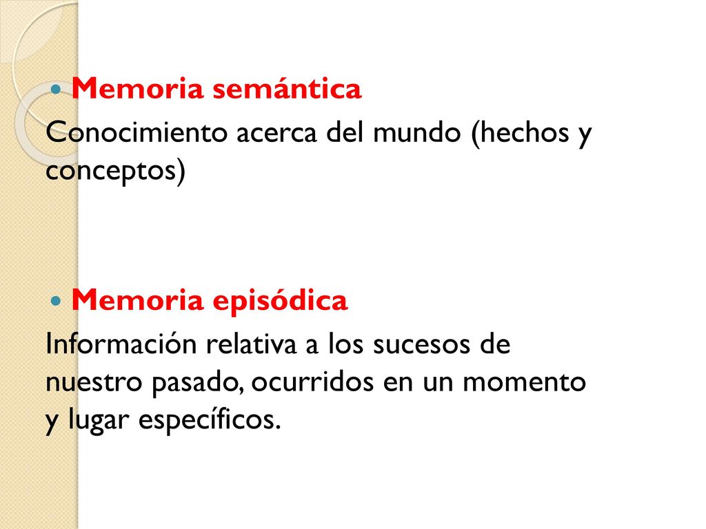 Memoria semántica Conocimiento acerca del mundo (hechos y conceptos) Memoria episódica.
