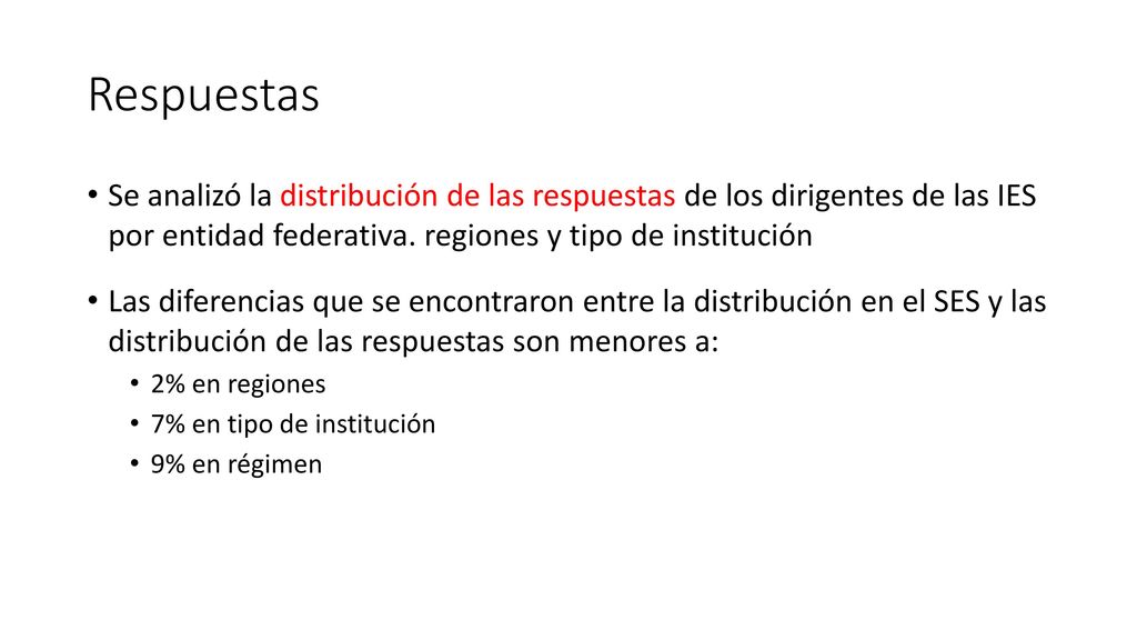Respuestas Se analizó la distribución de las respuestas de los dirigentes de las IES por entidad federativa. regiones y tipo de institución.