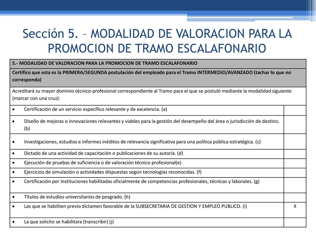 Sección 5. – MODALIDAD DE VALORACION PARA LA PROMOCION DE TRAMO ESCALAFONARIO