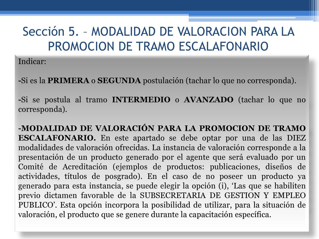 Sección 5. – MODALIDAD DE VALORACION PARA LA PROMOCION DE TRAMO ESCALAFONARIO