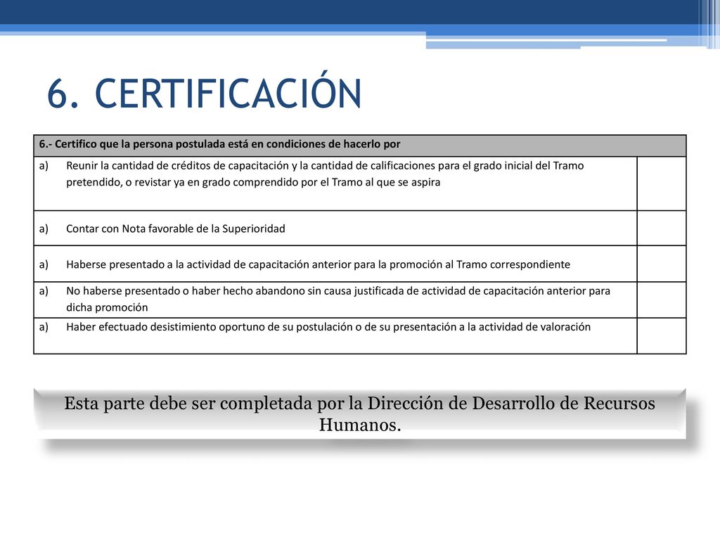 6. CERTIFICACIÓN 6.- Certifico que la persona postulada está en condiciones de hacerlo por.