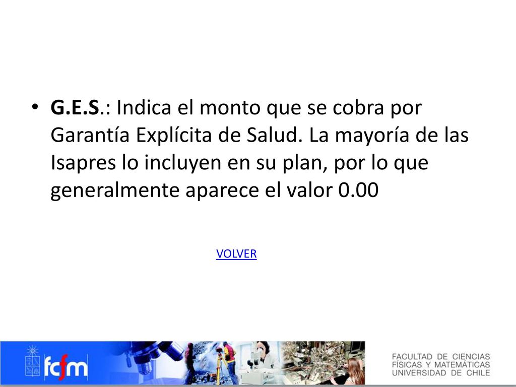 G.E.S.: Indica el monto que se cobra por Garantía Explícita de Salud. La mayoría de las Isapres lo incluyen en su plan, por lo que generalmente aparece el valor 0.00