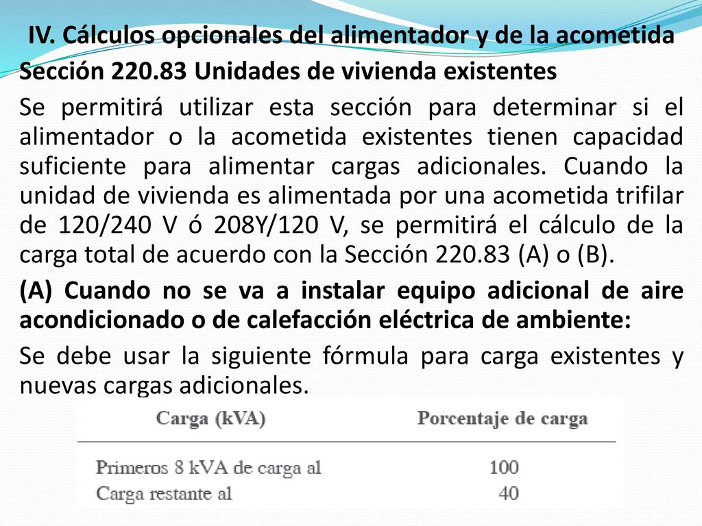 IV. Cálculos opcionales del alimentador y de la acometida