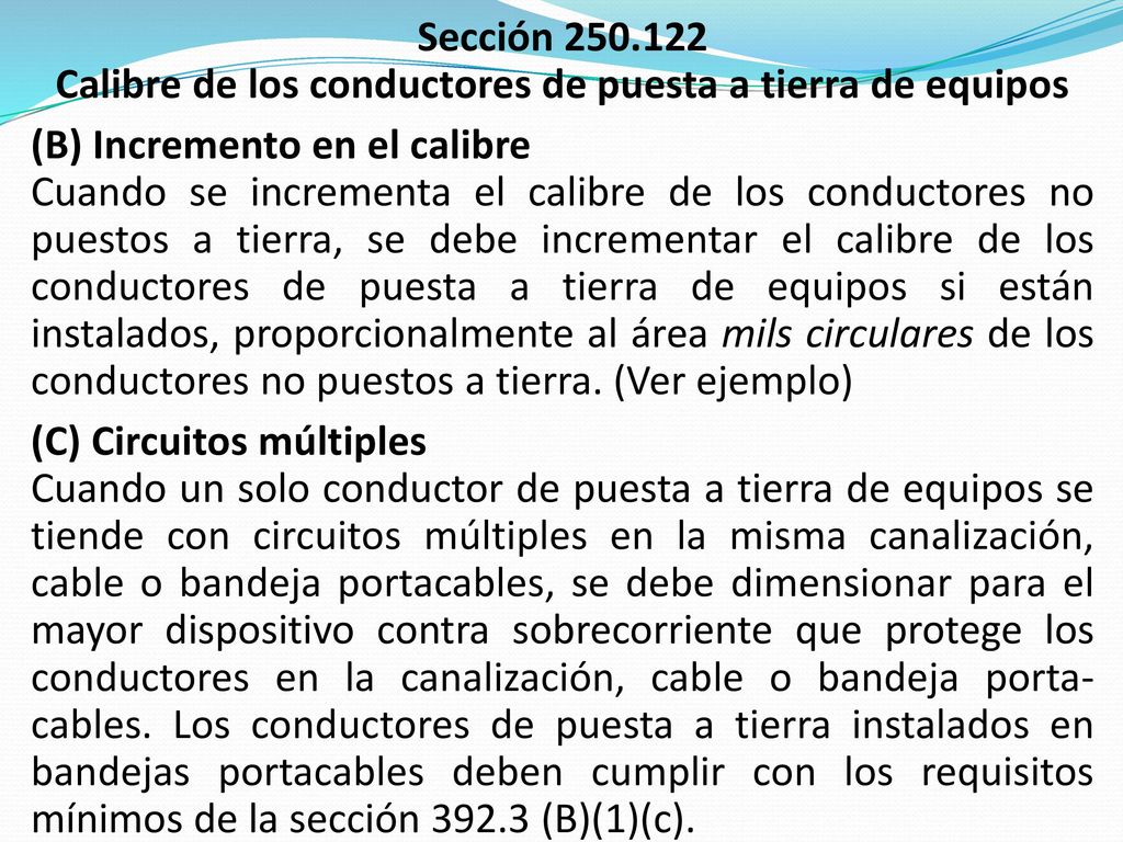 Calibre de los conductores de puesta a tierra de equipos