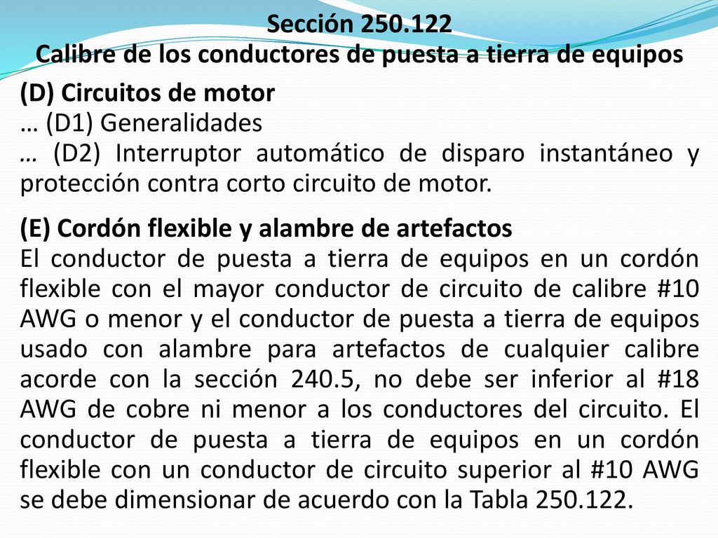 Calibre de los conductores de puesta a tierra de equipos