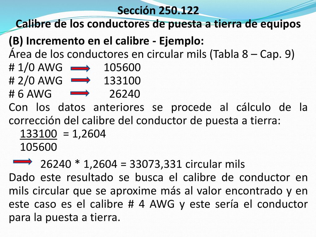 Calibre de los conductores de puesta a tierra de equipos