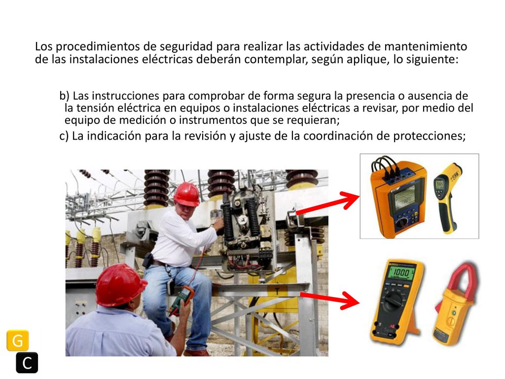 Los procedimientos de seguridad para realizar las actividades de mantenimiento de las instalaciones eléctricas deberán contemplar, según aplique, lo siguiente: