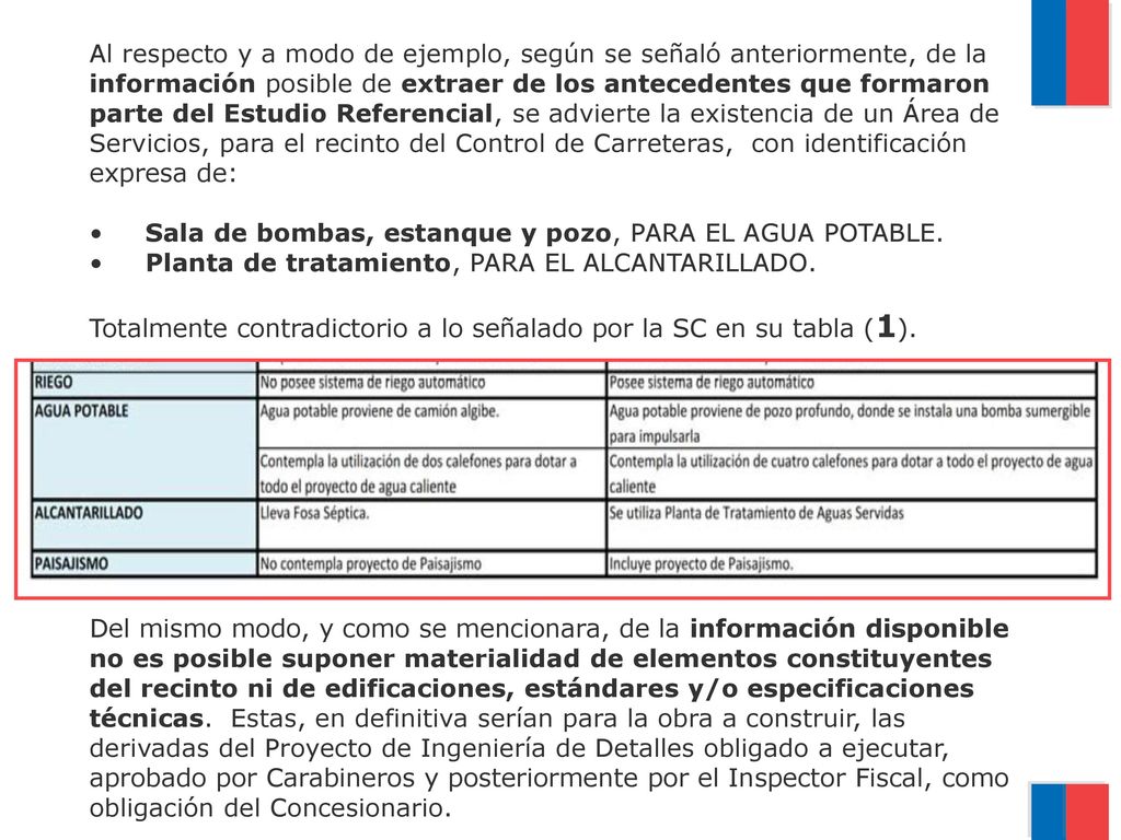 Al respecto y a modo de ejemplo, según se señaló anteriormente, de la información posible de extraer de los antecedentes que formaron parte del Estudio Referencial, se advierte la existencia de un Área de Servicios, para el recinto del Control de Carreteras, con identificación expresa de: • Sala de bombas, estanque y pozo, PARA EL AGUA POTABLE.