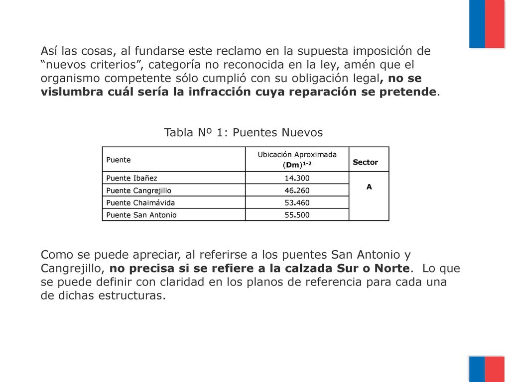 Así las cosas, al fundarse este reclamo en la supuesta imposición de nuevos criterios , categoría no reconocida en la ley, amén que el organismo competente sólo cumplió con su obligación legal, no se vislumbra cuál sería la infracción cuya reparación se pretende. Tabla Nº 1: Puentes Nuevos Como se puede apreciar, al referirse a los puentes San Antonio y Cangrejillo, no precisa si se refiere a la calzada Sur o Norte. Lo que se puede definir con claridad en los planos de referencia para cada una de dichas estructuras.