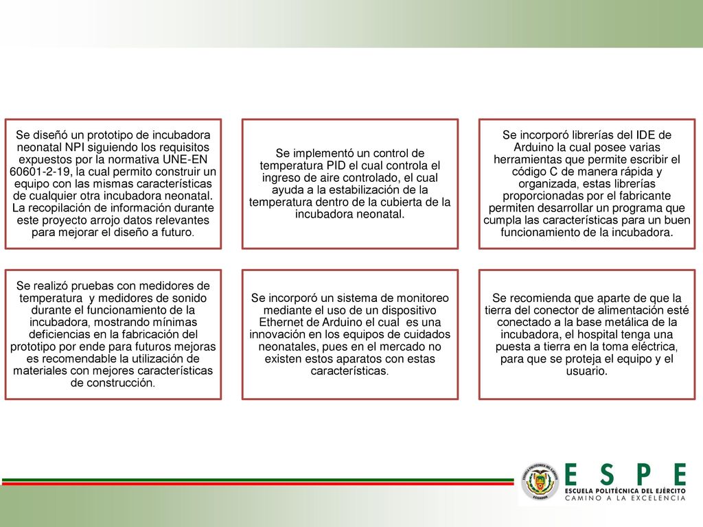 Se diseñó un prototipo de incubadora neonatal NPI siguiendo los requisitos expuestos por la normativa UNE-EN , la cual permito construir un equipo con las mismas características de cualquier otra incubadora neonatal. La recopilación de información durante este proyecto arrojo datos relevantes para mejorar el diseño a futuro.