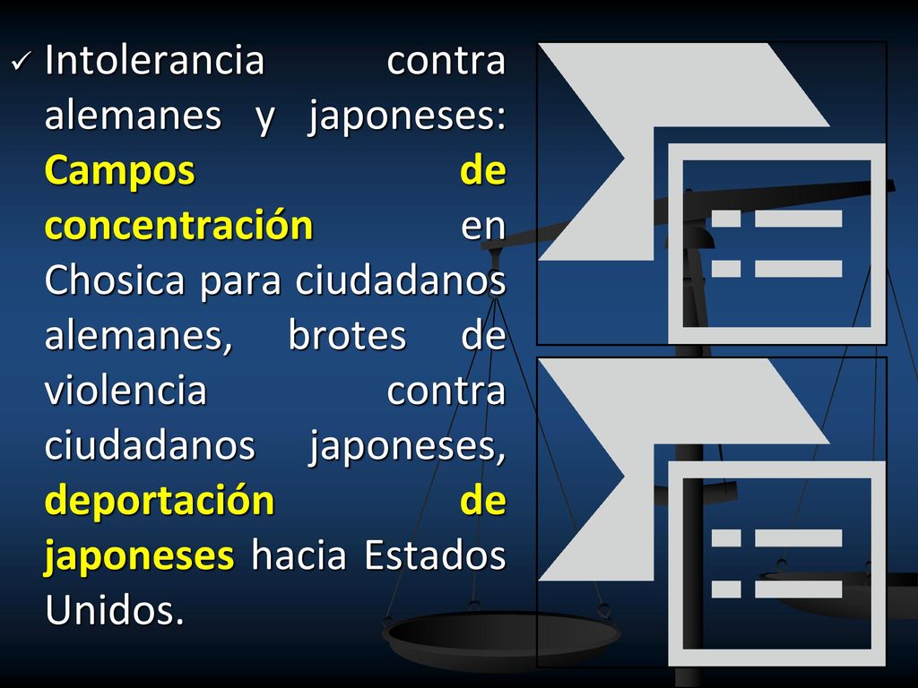 Intolerancia contra alemanes y japoneses: Campos de concentración en Chosica para ciudadanos alemanes, brotes de violencia contra ciudadanos japoneses, deportación de japoneses hacia Estados Unidos.