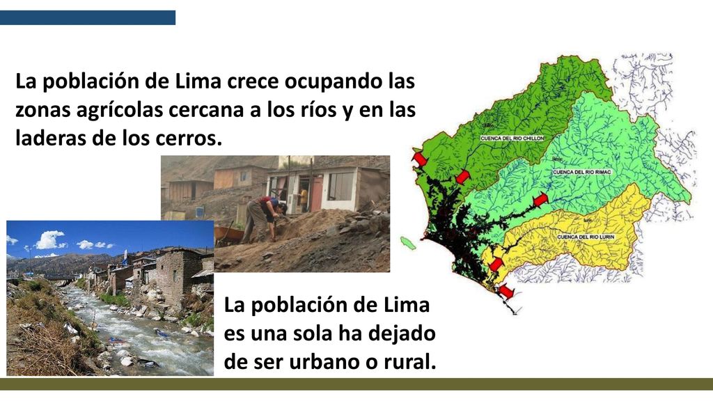 La población de Lima crece ocupando las zonas agrícolas cercana a los ríos y en las laderas de los cerros.
