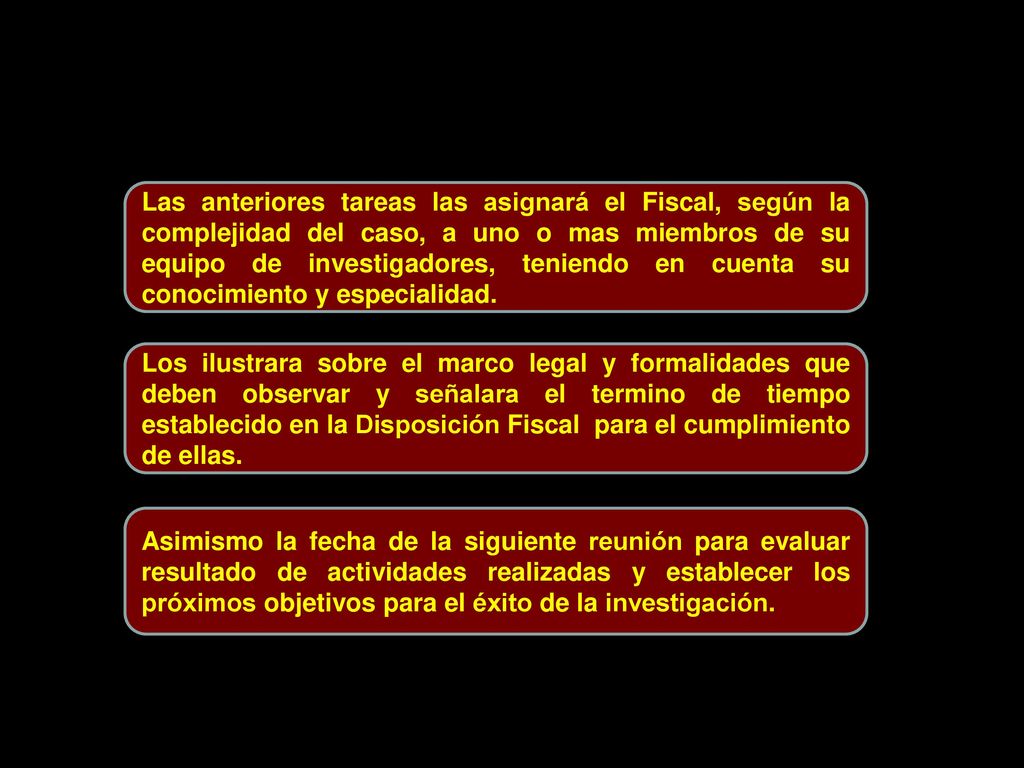 Las anteriores tareas las asignará el Fiscal, según la complejidad del caso, a uno o mas miembros de su equipo de investigadores, teniendo en cuenta su conocimiento y especialidad.