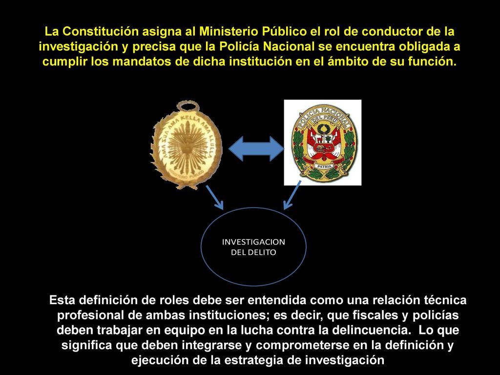 La Constitución asigna al Ministerio Público el rol de conductor de la investigación y precisa que la Policía Nacional se encuentra obligada a cumplir los mandatos de dicha institución en el ámbito de su función.