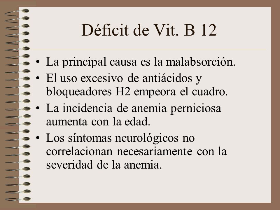 Déficit de Vit. B 12 La principal causa es la malabsorción.