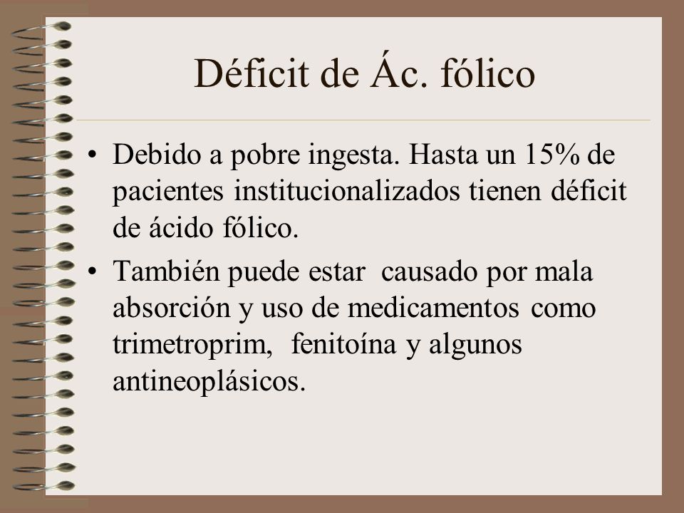Déficit de Ác. fólico Debido a pobre ingesta. Hasta un 15% de pacientes institucionalizados tienen déficit de ácido fólico.