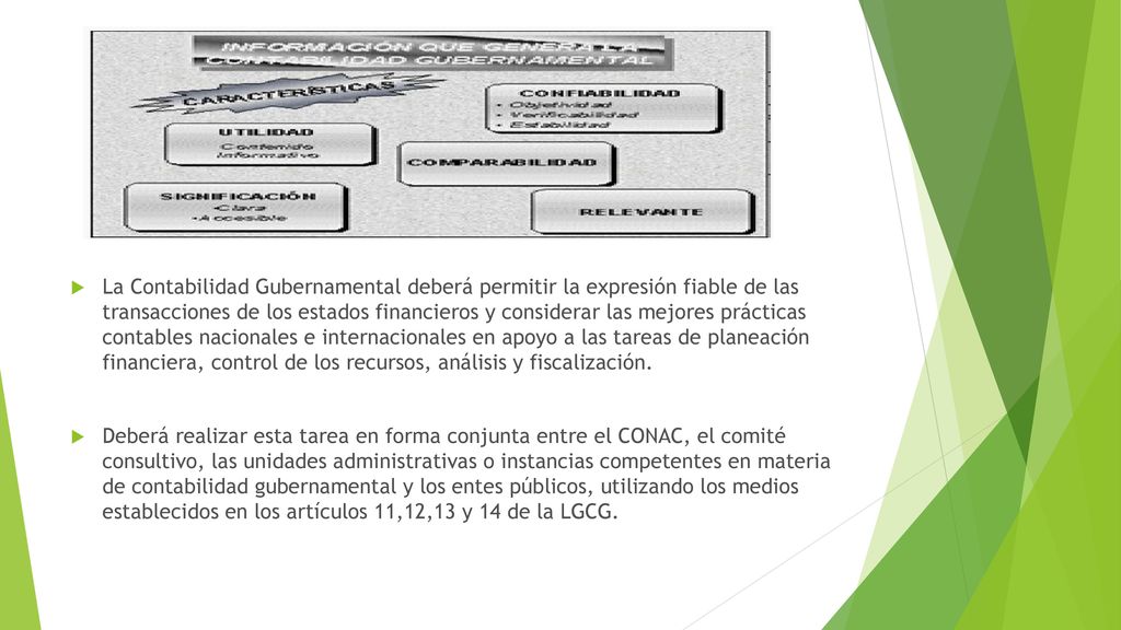 La Contabilidad Gubernamental deberá permitir la expresión fiable de las transacciones de los estados financieros y considerar las mejores prácticas contables nacionales e internacionales en apoyo a las tareas de planeación financiera, control de los recursos, análisis y fiscalización.
