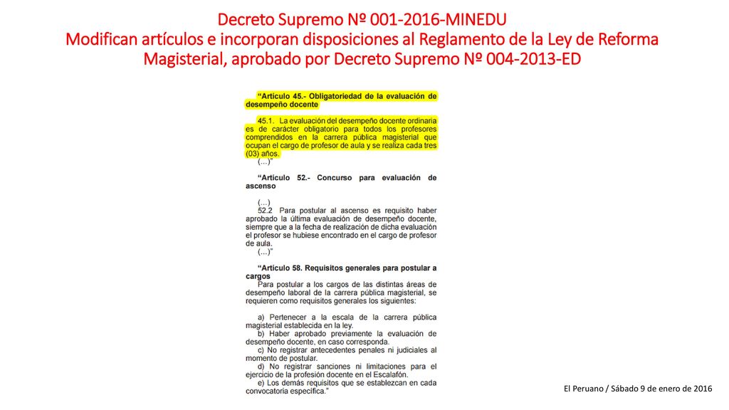 Decreto Supremo Nº MINEDU Modifican artículos e incorporan disposiciones al Reglamento de la Ley de Reforma Magisterial, aprobado por Decreto Supremo Nº ED